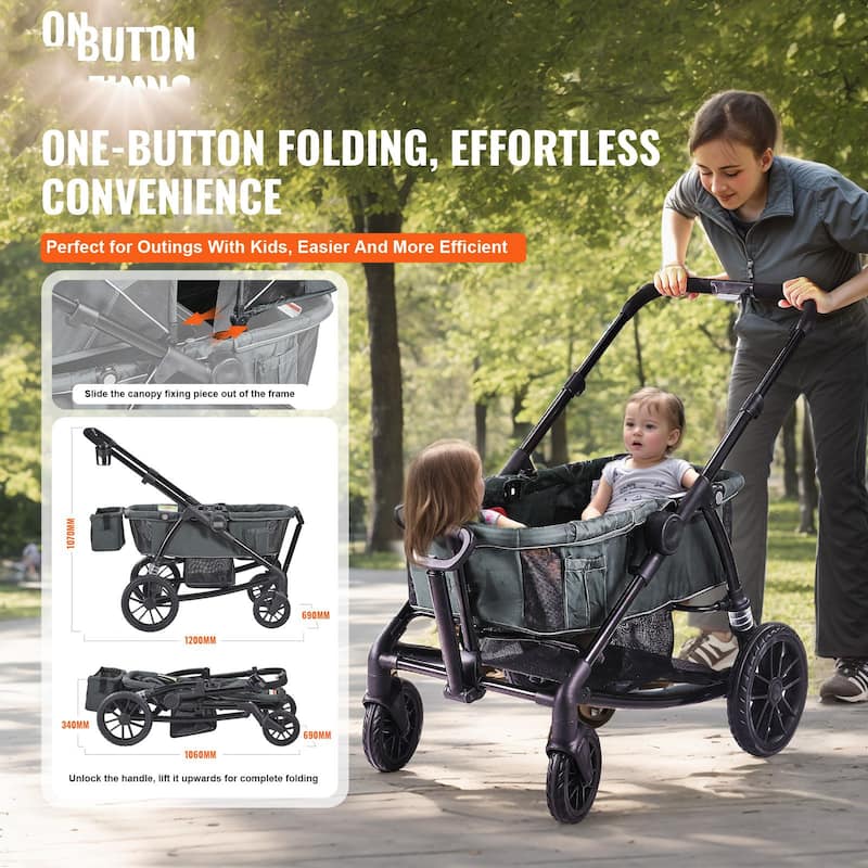 Carbon Steel All-Terrain Stroller Wagon Foldable Twin with Canopy and Tray - 47.2” L x 27.2” W x 42.1” H