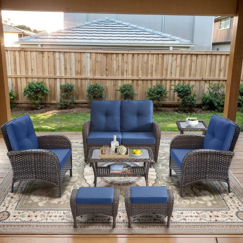 Patio Glider Sofa with Club Chair, Ottoman and Side Table - Blue - Brown