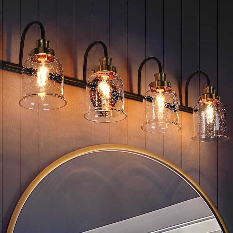 Kesa Modern 4-Light Black Gold Linear Bathroom Vanity Light Seeded Glass Wall Sconces