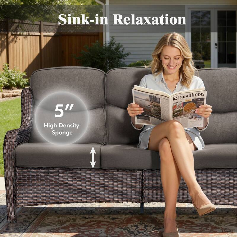 Meyreso 4-Piece Outdoor Patio Wicker Fire Pit Conversation Set with 5-Inch Thick Olefin Cushions