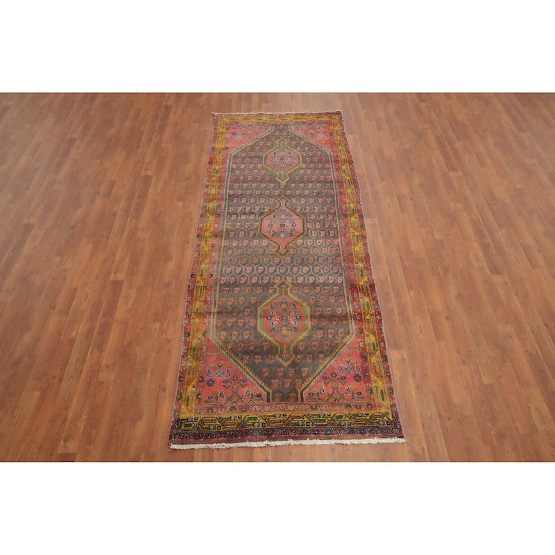 Hand Knotted Oriental 100% Wool Carpet Traditional Geometric Greys & Charcoal Hamedan Runner Rug - 9' 2'' X 3' 6''