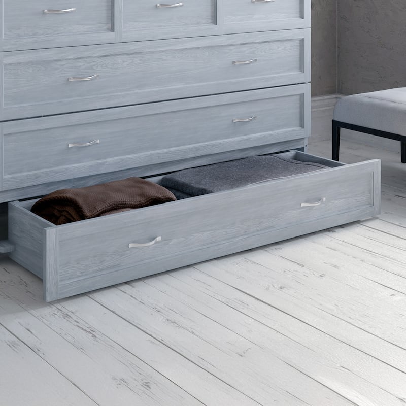 Deerfield Queen Murphy Bed Chest with 6" Mattress, Storage Drawer & Built-In Charger in Driftwood
