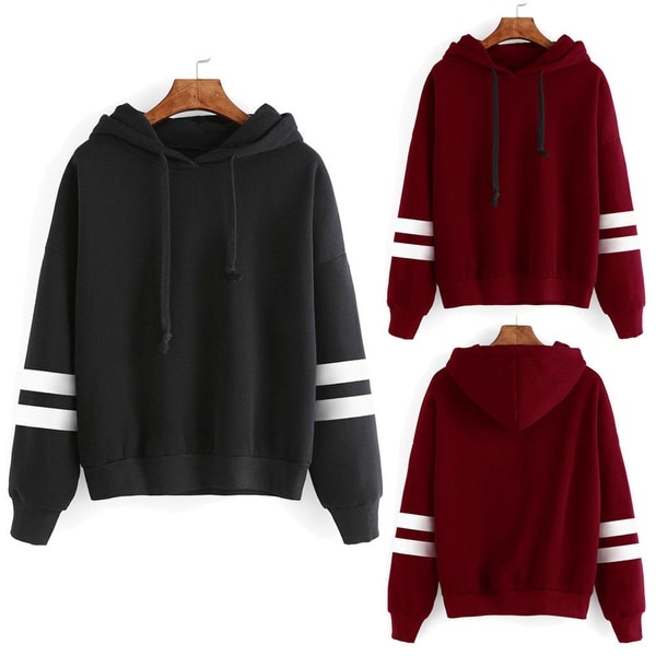 Women's Long Sleeve Hoodie Hooded Sweatshirt Striped Pullover Soft Top Coat