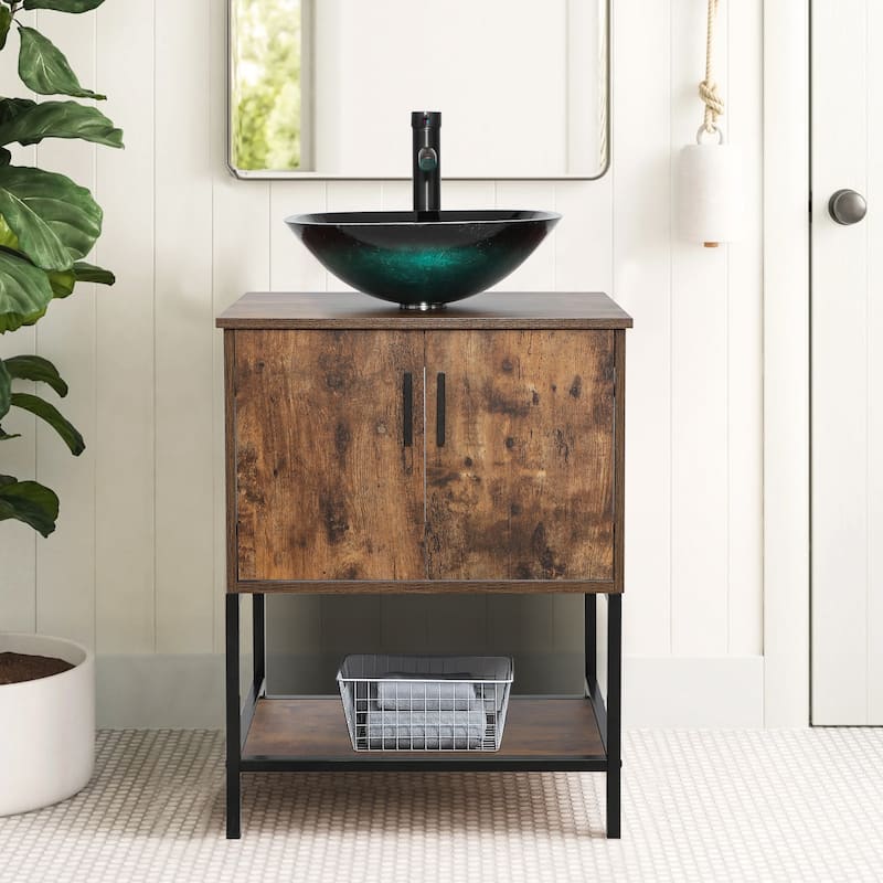 24" Bathroom Vanity Sink Set Brown Free-standing Manufactured Wood with Sink Faucet Drain Combo - turquoise square sink