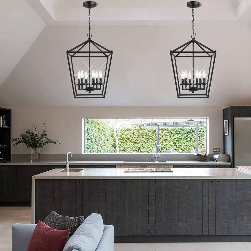 4 or 6-light pendant with steel cage shade and soft gold / Black finish - 16"*16"*24"-2pack - Black