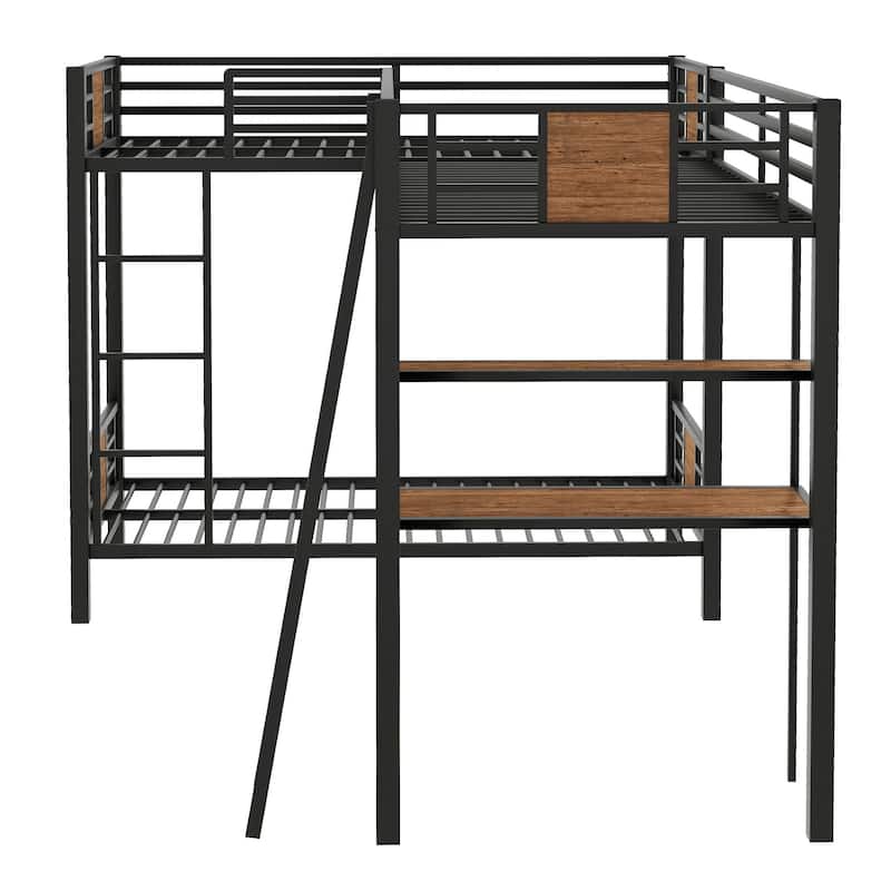 L-Shaped Twin over Twin Bunk Bed with Loft Bed, Desk, and Shelf, Brown