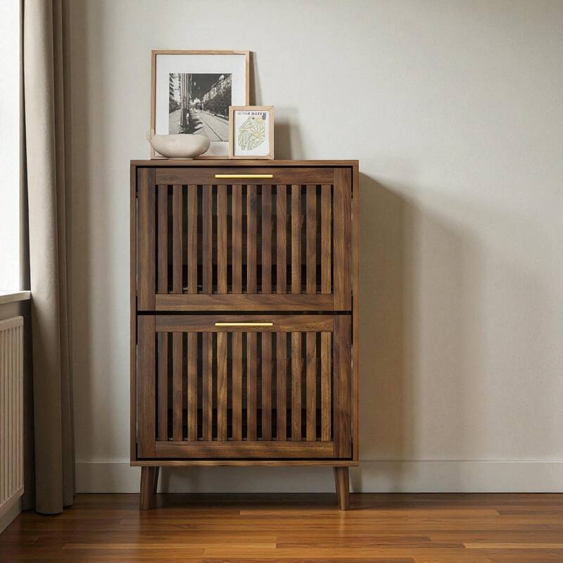 23.6" Walnut Shoe Cabinet with 2 Flip Drawers, Mid-Century Modern Freestanding Shoe Storage Organizer for Entryway - Walnut