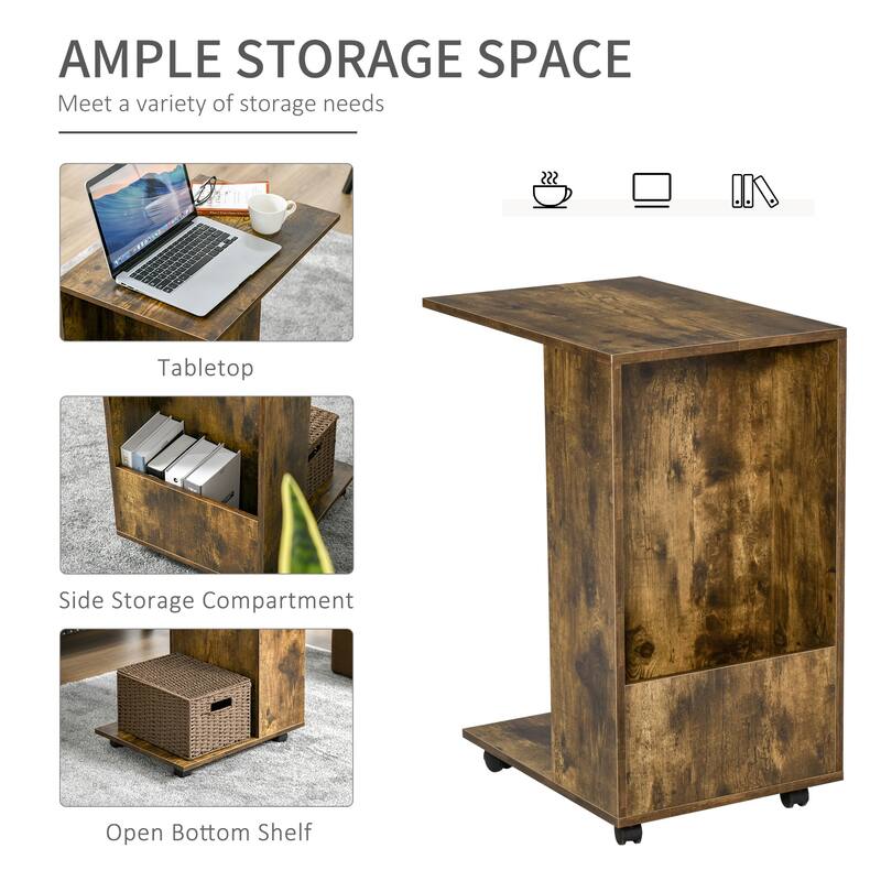 HOMCOM C-Shaped Sofa Side Table Mobile End Table with Storage and Wheels for Living Room, Bedroom, Office