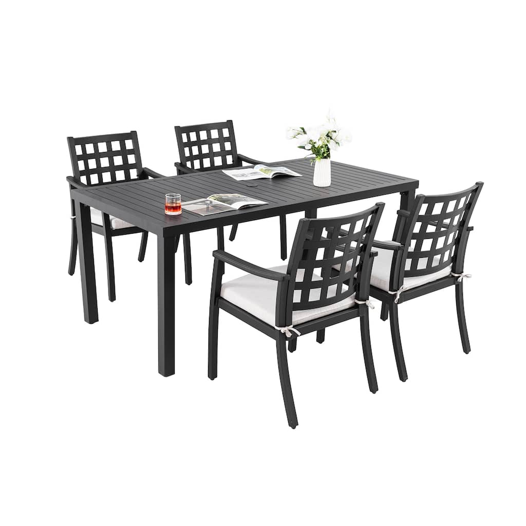 5-Piece Classic Patio Set - Cast Aluminum Table and 4 Stationary Chairs, Textured Ember Black, Sunbrella