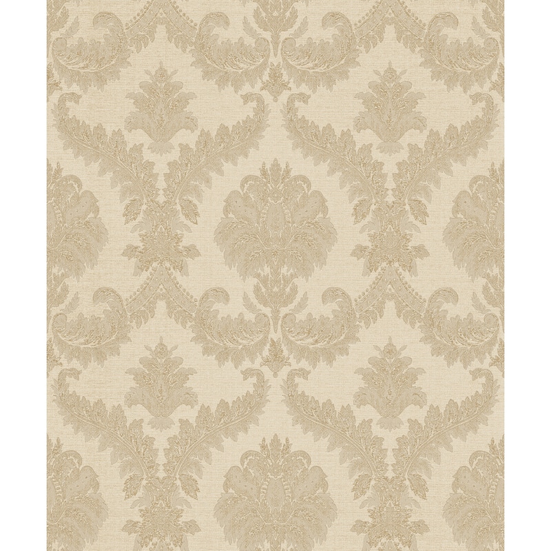 Galerie Wallcoverings Cottage Chic Damask Vinyl on Non-woven Metallic Wallpaper Roll - 33 feet x 21 inches - Beige