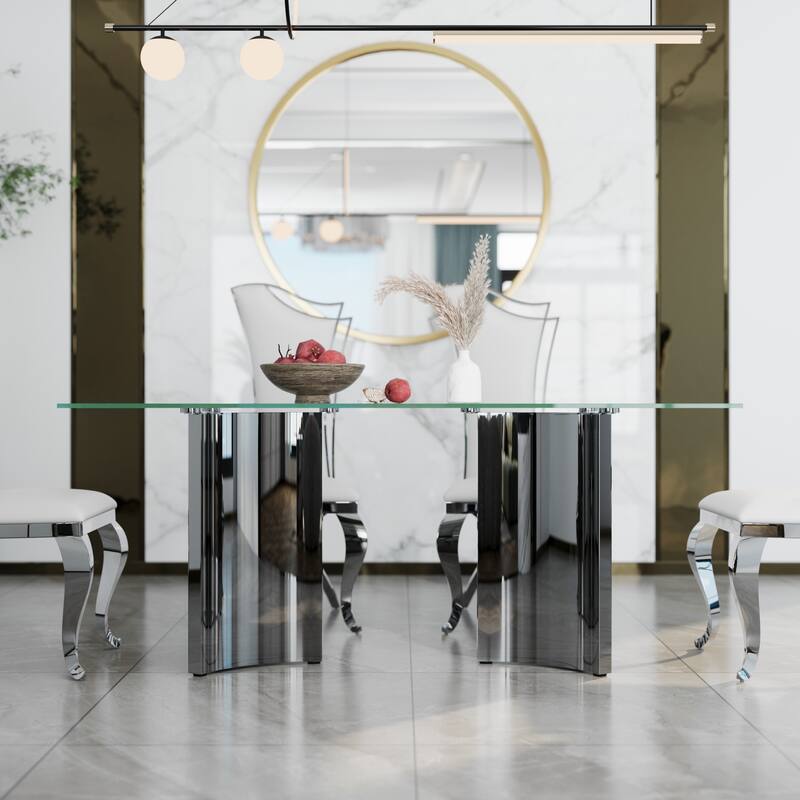 70 inch Clear Tempered Glass Dining Table Set with Leather Dining Chairs