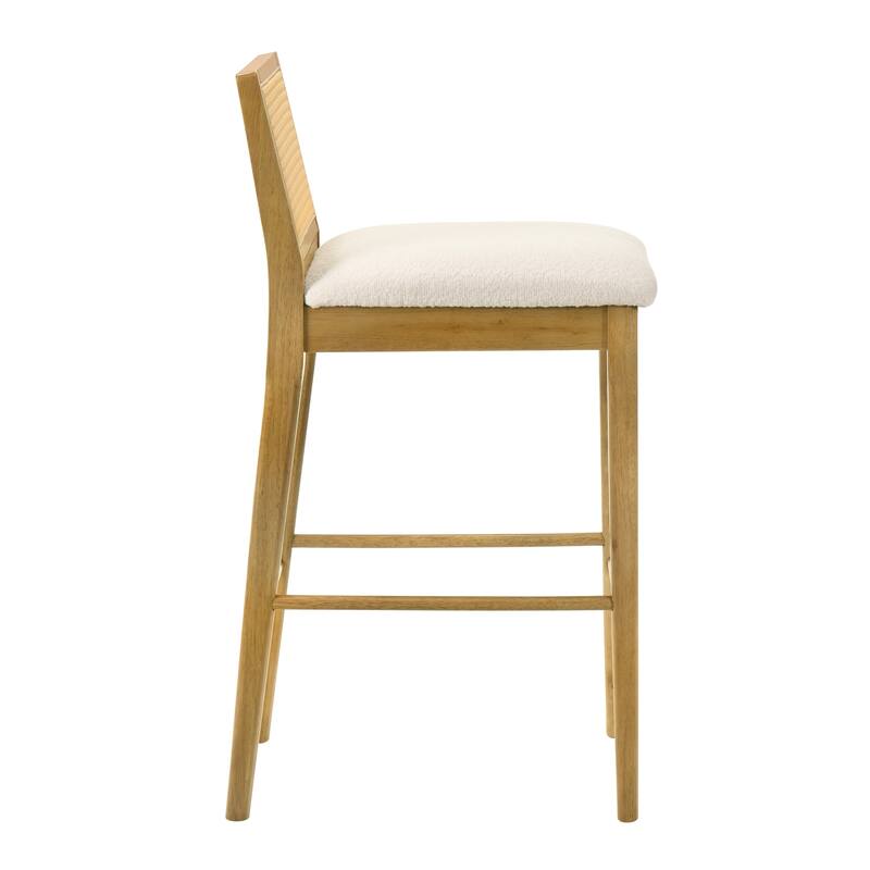 Tobias Rattan and Wood Bar Stool, Counter Height Kitchen Stool with White Boucle Fabric Upholstered Seat