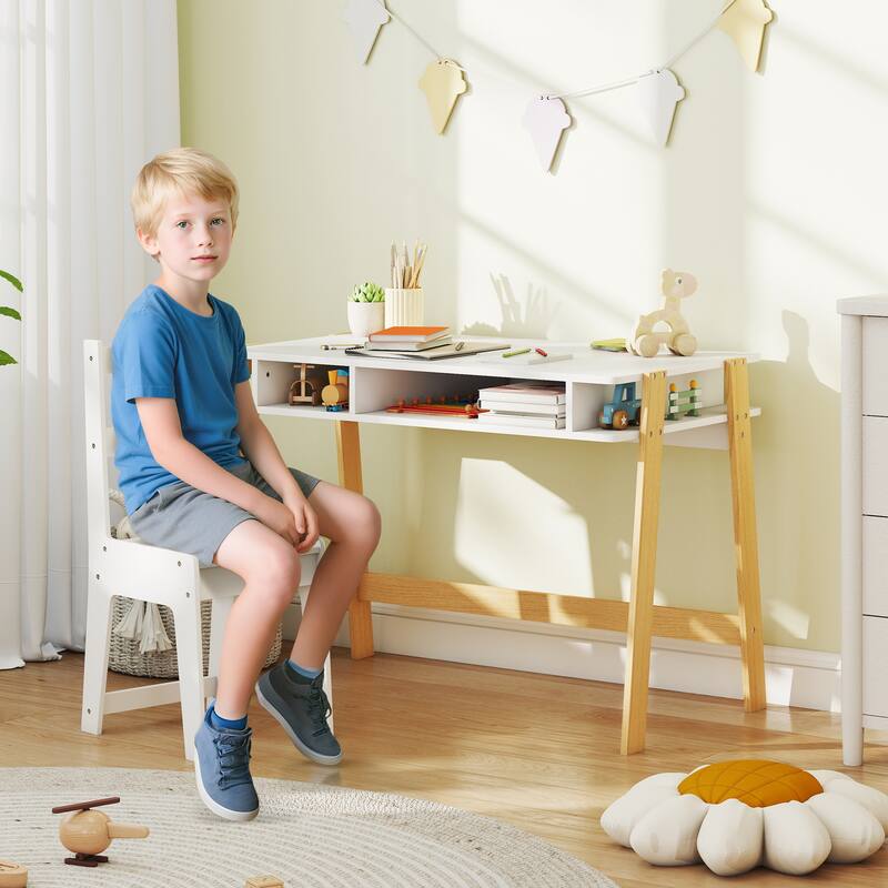 White Kids Desk and Chair Set with Built In Storage Compartments Wood Study Table for Children Age 3 to 12 - White