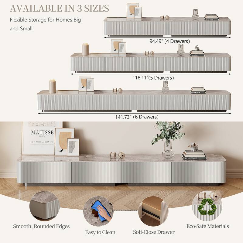 Modern TV Stands with Glossy Sintered Stone, 4-6Drawers, White & Gray