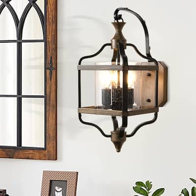 CurveCurio 17"Antique Metal Lantern Wall Sconce w/ Wood Accents and Texteured Round Glass Shade-3 Lights Wall Light - 12"*7"*17"
