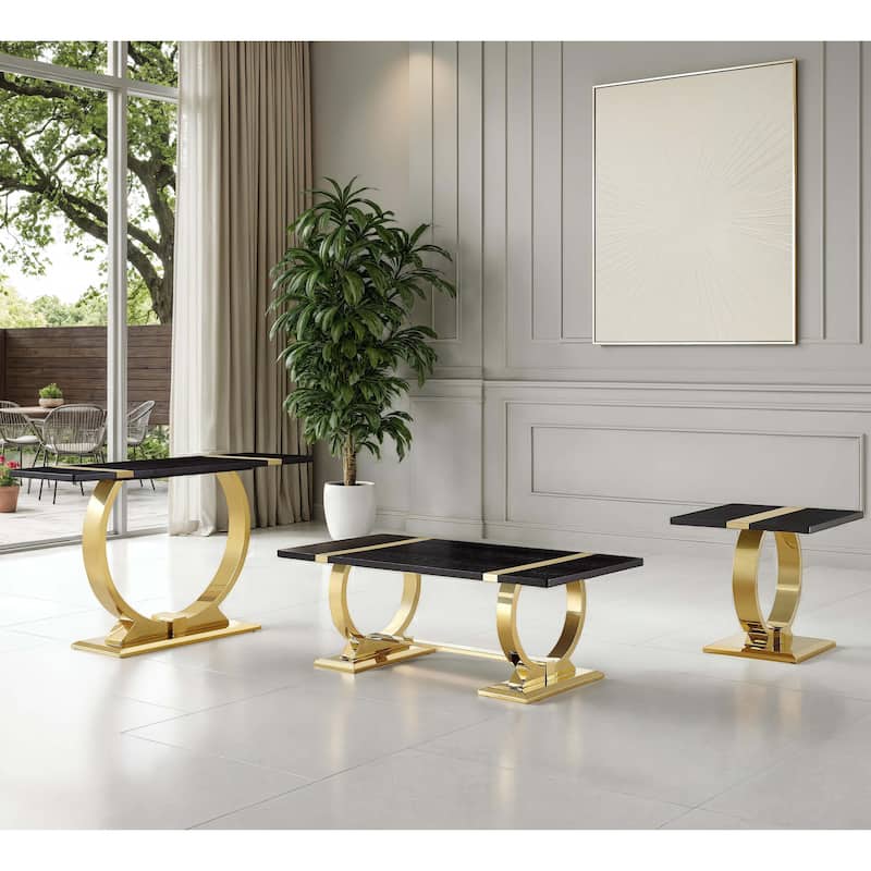 Furniture of America Carra Modern 3-Piece Stainless Steel O-Shaped Trestle Base Coffee Table Set - Black/Gold