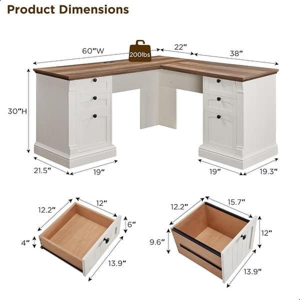Farmhouse Computer Desk, Wood Home Office Desk with Charging Station ...