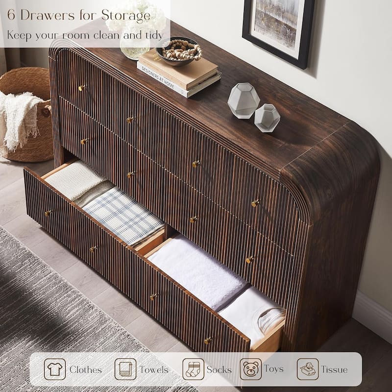 Modern Fluted 6 Drawers Dresser, Wood Chest of Drawers for Bedroom