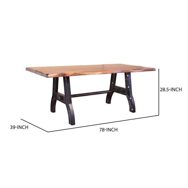 Umey 78 Inch Dining Table, Rectangular Live Edge Top, Trestle Support Brown