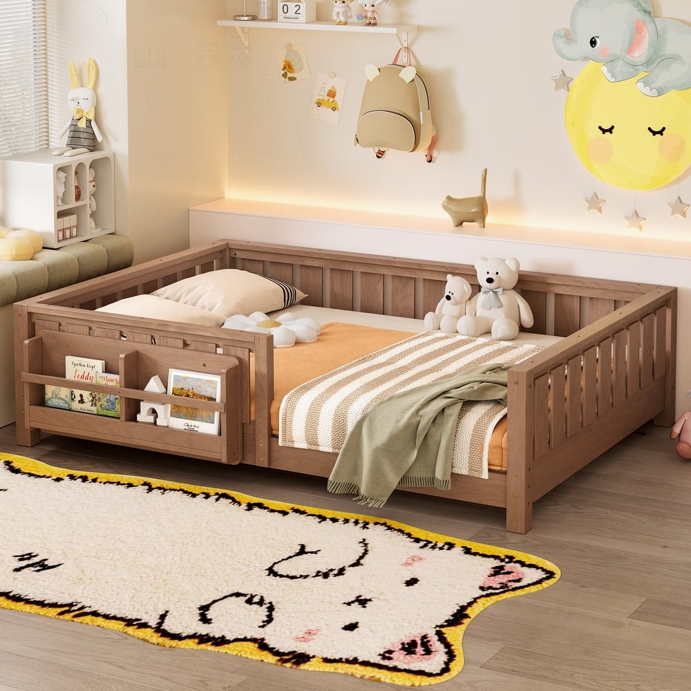 Montessori Floor Bed Low Profile Kids Bed with Rails & Bookshelf
