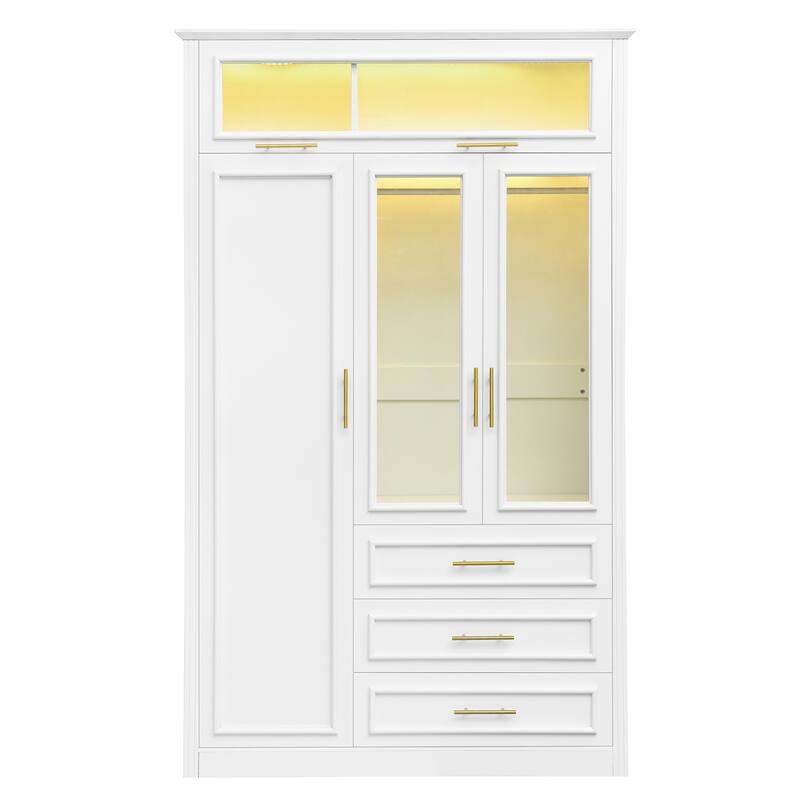 3 Door Wardrobe Built-in LED Light Clothes Storage Cabinet / 3 Drawers White Armoire Closet