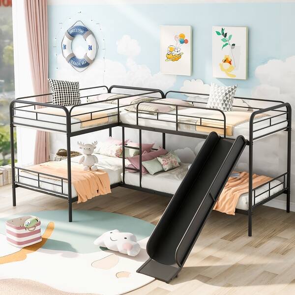 slide 2 of 11, Black Twin Size L-Shaped Bunk Bed with Slide & Ladder, Space-Saving Design for 4, Perfect for Kids' Sleepovers and Guests Black