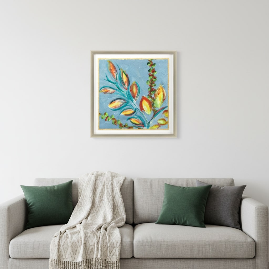 HomeRoots Vibrant Blue And Yellow Modern Floral Giclee Silver Framed Wall Art