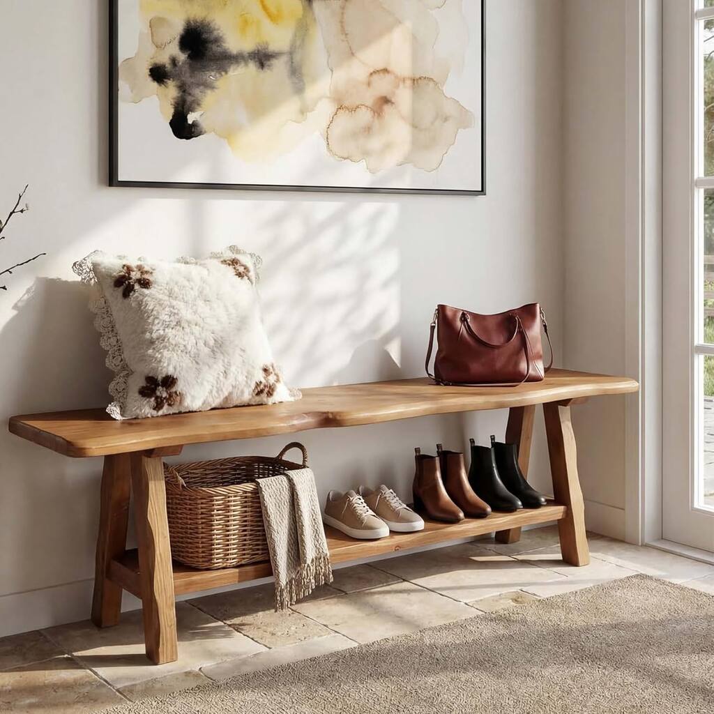 55-Inch Solid Wood Entryway Bench Indoor, Farmhouse Long End of Bed Bench with Live-Edge - 55.1" W x 13.8" D x 17.7" H