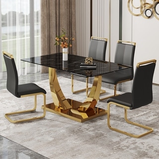 Modern Rectangular 5-Piece Dining Table Set with Black Textured Glass ...