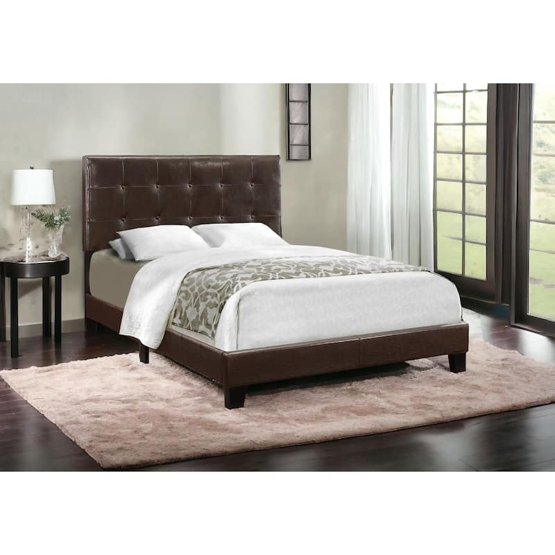 Brown Faux Leather Full Bed Frame with Wood Panel Headboard and Upholstered Design