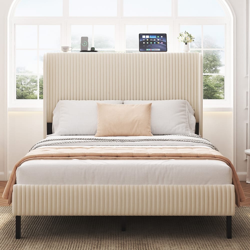 Full Size Platform Bed, Metal Bed Frame w/ Charging Station, No Box Spring Needed, Easy Assemble - Beige