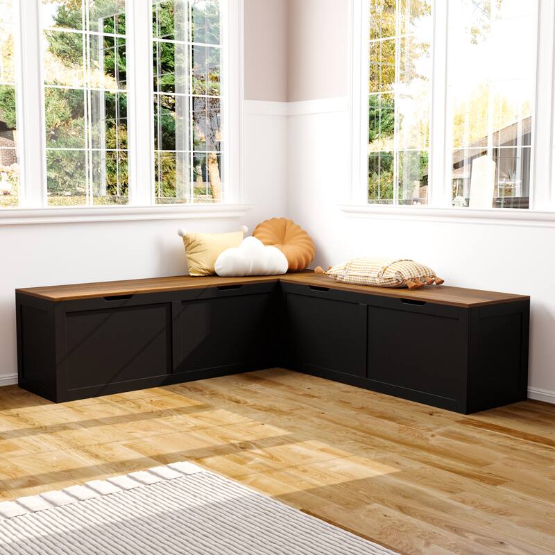 Corner Entryway Bench w/Hidden Storage White Oak Finish Shoe Cabinet