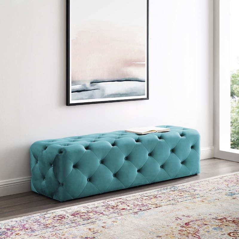 Amour Tufted Performance Velvet Upholstered Entryway Bench, Sea Blue - Sea Blue