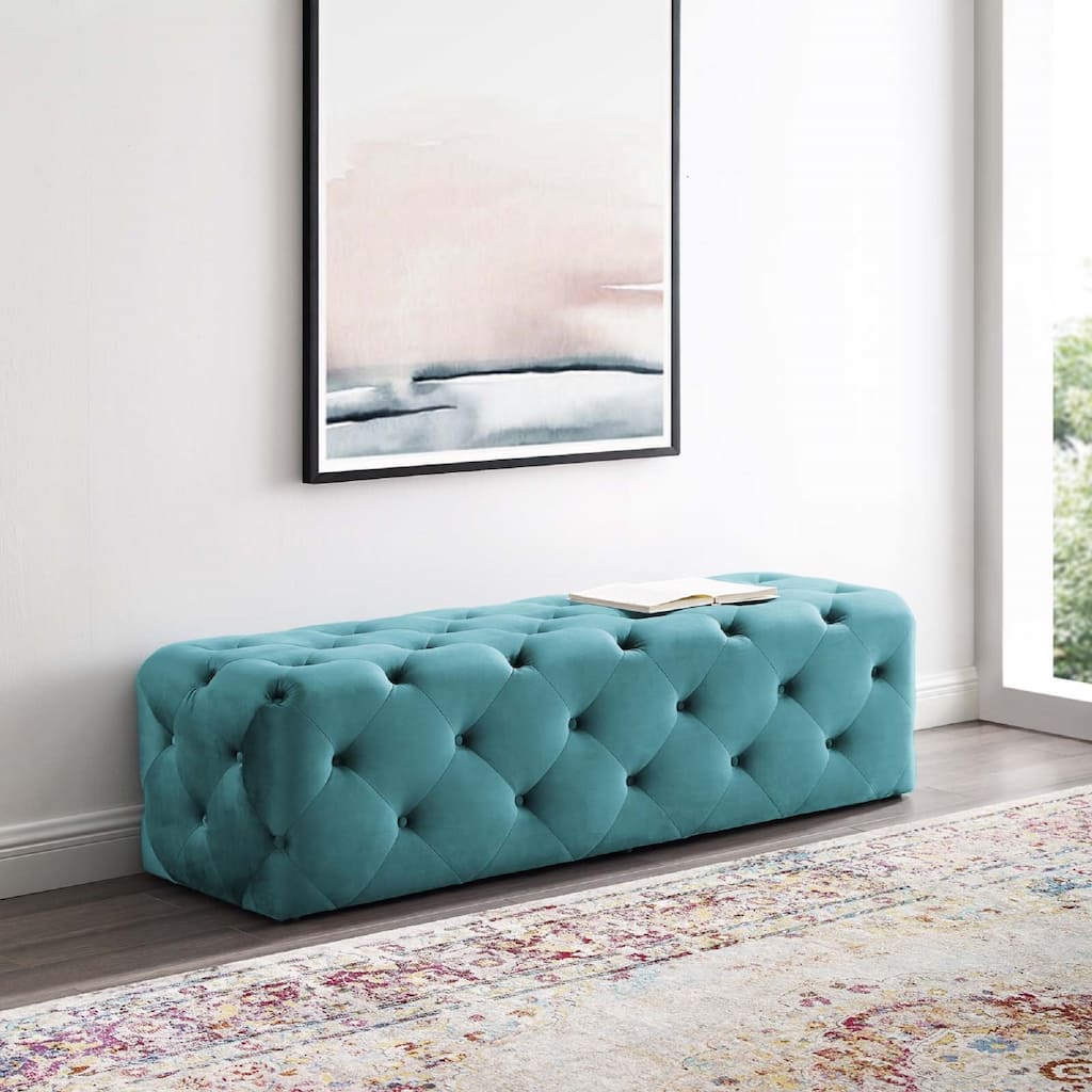 Amour Tufted Performance Velvet Upholstered Entryway Bench, Sea Blue