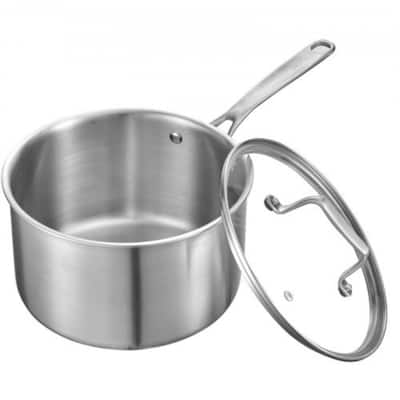 Silver 4QT Aluminum Saucepan with Glass Lid Tri-Ply Base Oven Safe