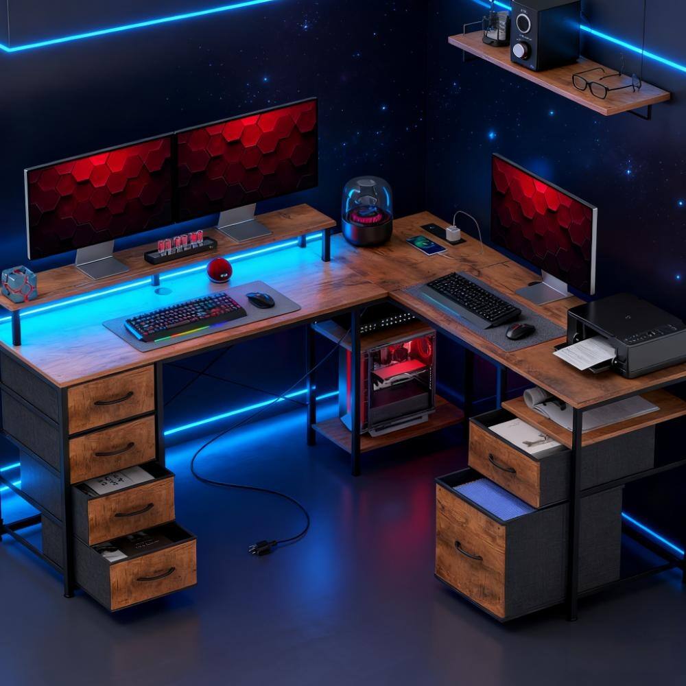 Corner Desk with File Drawer, Power Outlets and LED Lights,For Home and Office