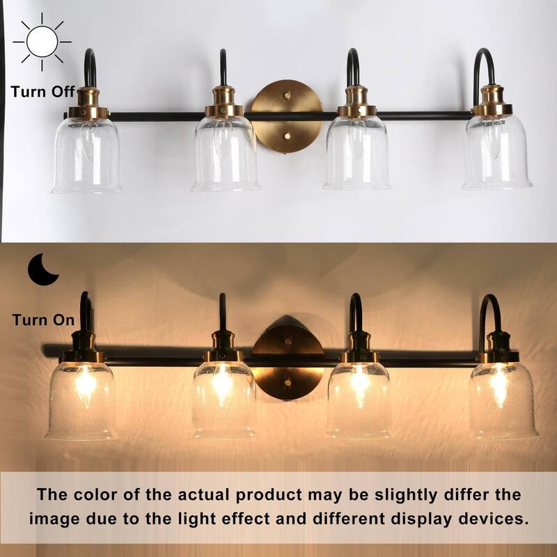 Kesa Modern 4-Light Black Gold Linear Bathroom Vanity Light Seeded Glass Wall Sconces