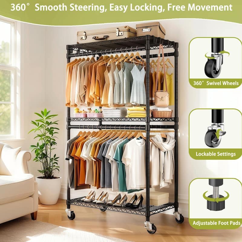 Heavy Duty Rolling Clothes Rack with 3 Shelves & 2 Rails, Black