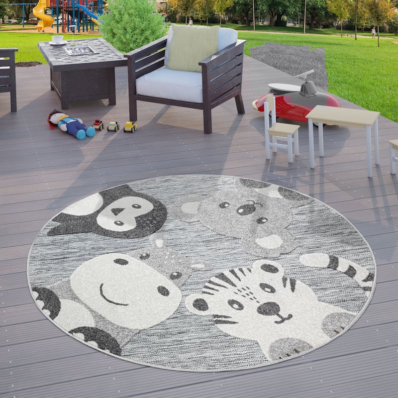 Animal Kids Rug Round with Penguin Koala Bear Tiger and Hippo in Grey