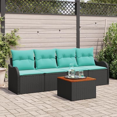 vidaXL 5 Garden Sofa Set with Cushions Black Poly Rattan - 90.9 x 24.4 x 27.2