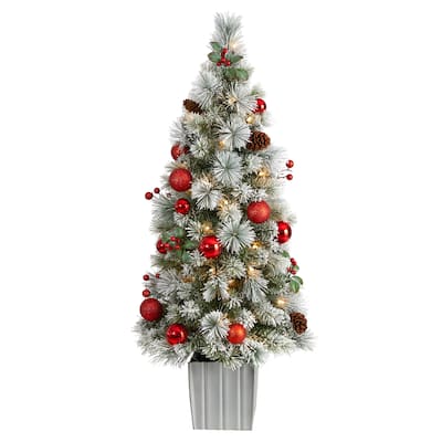 4' Winter Flocked Artificial Christmas Tree Pre-Lit with 50 LED Lights and Ornaments in Decorative Planter