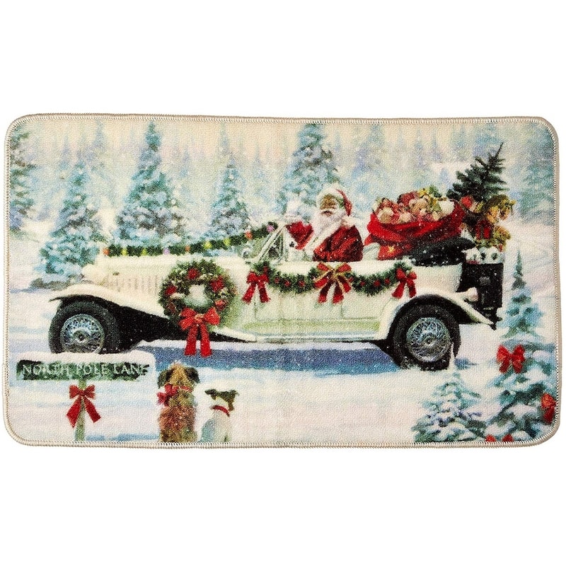 Violet Linen Seasonal Xmas Christmas Holiday Santa Claus Actions Pattern, 18" by 30 Inch, Decorative Area Rug, Doormat. - Santa's Car Design