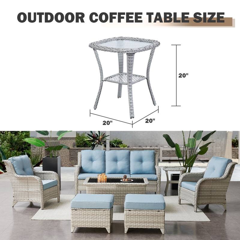 Patio Rattan Wicker Coffee Table with Tempered Glass Top