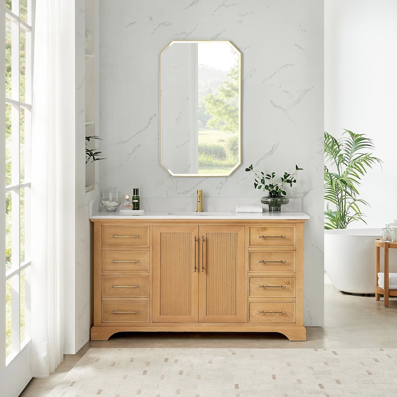 Tokyo Bath Vanity with Quartz Stone Top without Mirror - 60in. Single Sink - Oak Natural Brown