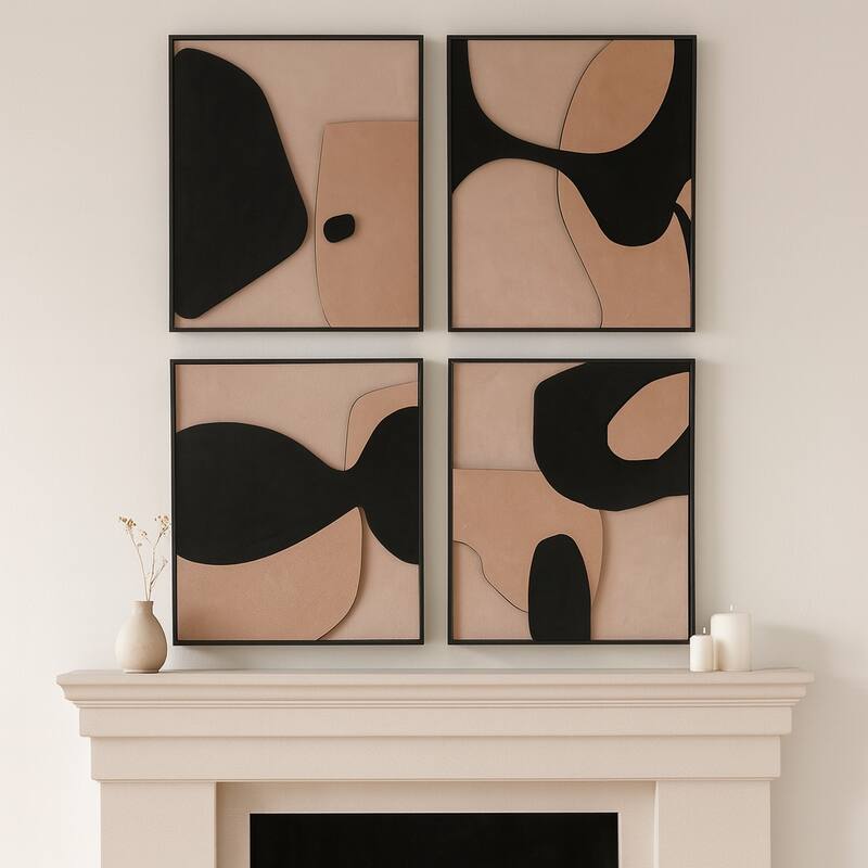 Leather Suede Wall Art Abstract Shapes (Set of 4) - 20" Brown/Black - Wood - Black - 20.0"