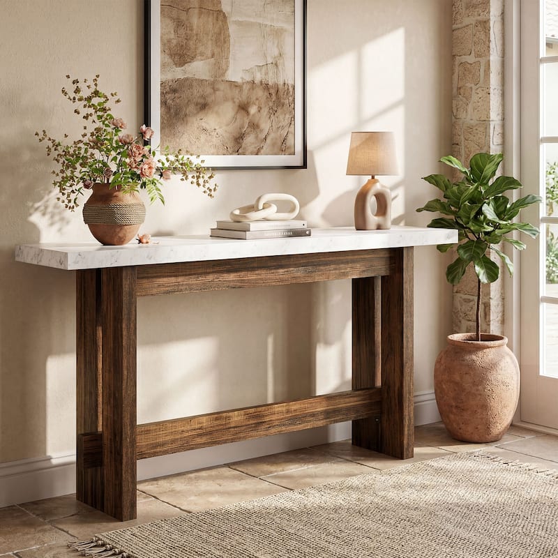 Farmhouse Wood Console Table, 63" Entryway Table with Faux Marble Top