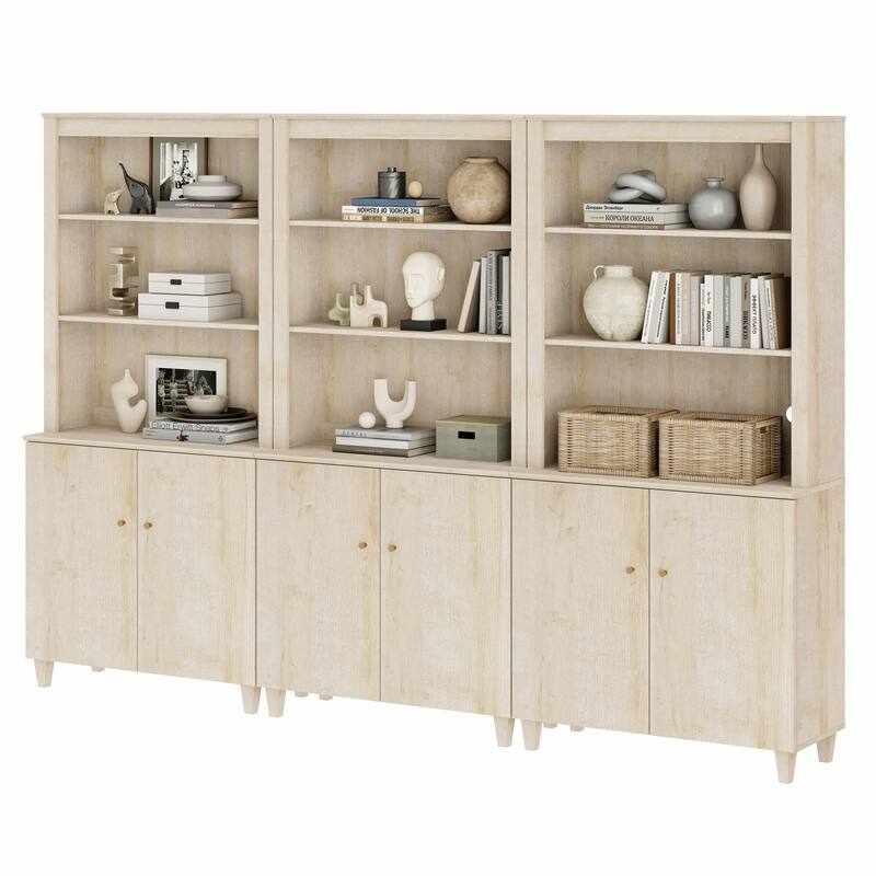 Modern 71" Tall Bookcase with Shelves & Storage Cabinet for Home Office - 3 Column 5-Tier - Natural Oak