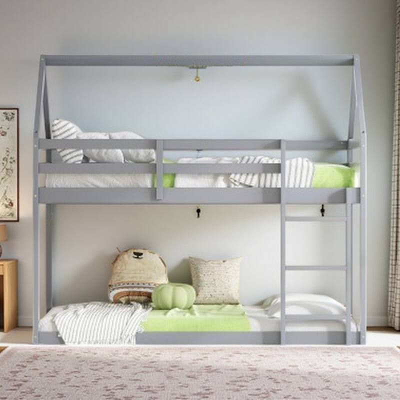 House-Themed Wooden Bunk Bed with Roof, Guardrails & Low Ladder for Twin Size Mattress - Grey