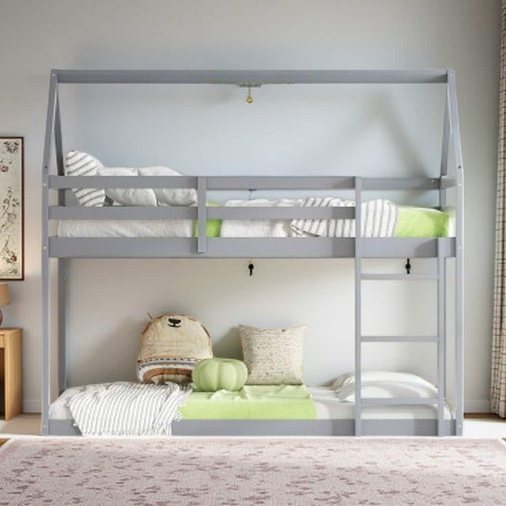 House-Themed Wooden Bunk Bed with Roof, Guardrails & Low Ladder for Twin Size Mattress