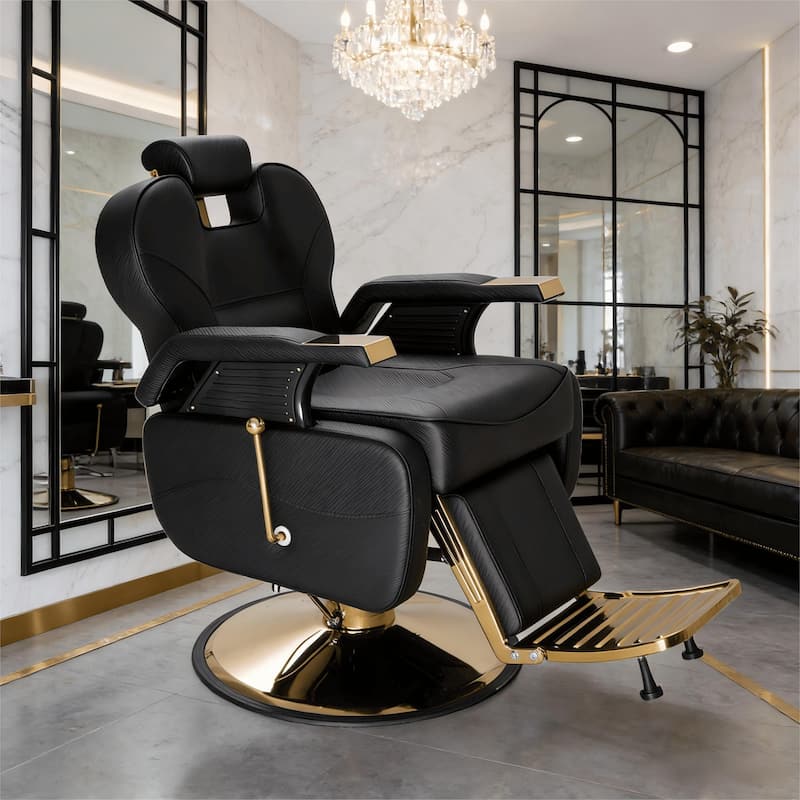 Upgrated Hydraulic Reclining Barber Chair Salon Chairs for Hair Stylist - Black/Gold